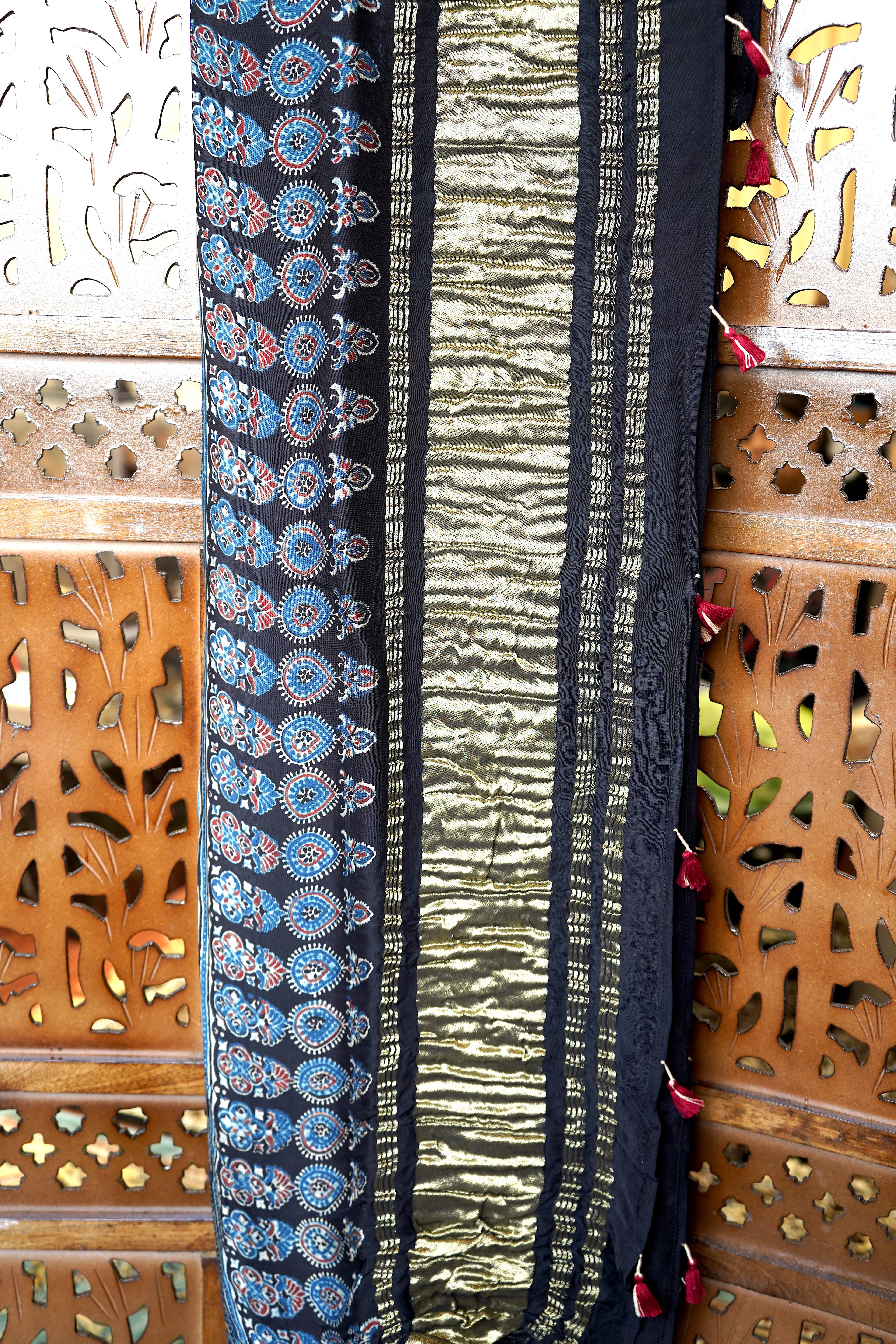 Ajrakh Natural Dye Modal Silk Ragri Pata Suit Piece – Unstitched