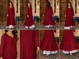 Chikankari-Maroon Resham Chikankari Fine Work Anarkali with White Sharara Set