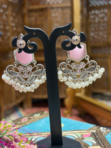 Pink Silver Kashmiri Style Pearl Dangler Earrings