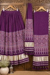 Premium Burgundy Lustrous Lagdi Patta Ajrakh Chaniya Choli – Navratri & Garba Chaniya Choli Set