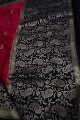Premium red and black Banarasi pure mulberry silk saree with pure silver zari border pallu and blouse