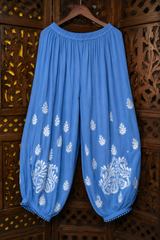 Chikankari Premium Blue Modal Satin Afghani Kurta Pant Set | White Embroidery Ethnic Co-ord