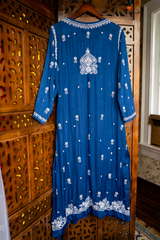 Premium Ink Blue Chikankari Modal Satin Fine Jaal Achkan Set | Kurta Pant Set for Women