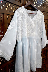 Ice Blue Lucknowi Ghas Patti Chikankari Short Frock Kurti with Afghani Bottom Set