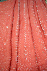 Premium Dark Peach Lucknowi Chikankari Pure Georgette Saree with Heavy Bead Work & Blouse