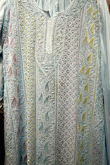 Lucknowi Party Wear-Premium Ice Blue Ombre Cutdana Chikankari Georgette Suit Set with Palazzo & Dupatta