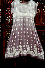 Dusty Mauve Lucknowi Chikankari Ambi Jaal Flared Frock Dress