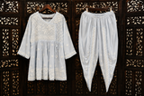 Ice Blue Lucknowi Ghas Patti Chikankari Short Frock Kurti with Afghani Bottom Set