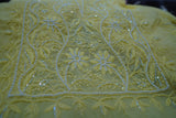 Handcrafted Lucknowi Chikankari Bead Work Yellow Mul Chanderi Unstitched A-Line Kurti with Dupatta for Women