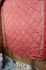 Ajrakh Red Mirror Work Saree – Natural Dye Handcrafted Saree from Kutch, Gujarat