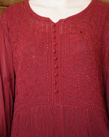 Chikankari-Maroon Resham Chikankari Fine Work Anarkali with White Sharara Set