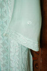 Chikankari Firozi Resham Jaal Kurti with Chikankari White Pant