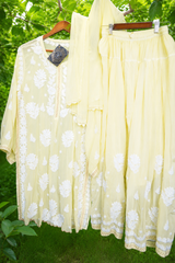 Chikankari Ghass Patti Work Crepe Silk Yellow Suit Set