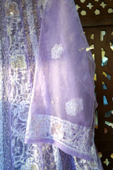 Lavender Pure Organza Chikankari Anarkali with Heavy Cutdana & Sequin Handwork