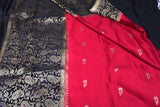 Premium red and black Banarasi pure mulberry silk saree with pure silver zari border pallu and blouse