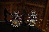 Antique Silver-Tone Brass Multicolour Monalisa Stone Statement Earrings