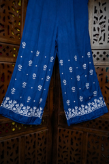 Premium Ink Blue Chikankari Modal Satin Fine Jaal Achkan Set | Kurta Pant Set for Women