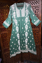 Chikankari-Premium Green Ghas Patti Crepe Long Frock Style Kurti | Lucknowi Embroidered Dress