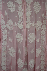 Chikankari Premium light pink crepe kurti pant set with white Ghas Patti floral embroidery