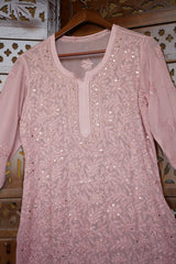 Chikankari-Handcrafted Lucknowi Resham Thread & Muqesh Work Georgette Kurti