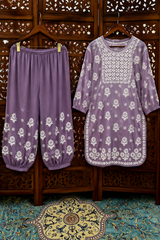 Lavender Purple Lucknowi Chikankari Ghas Patti Floral Jaal & Buti Short Kurti with Afghani Salwar Set