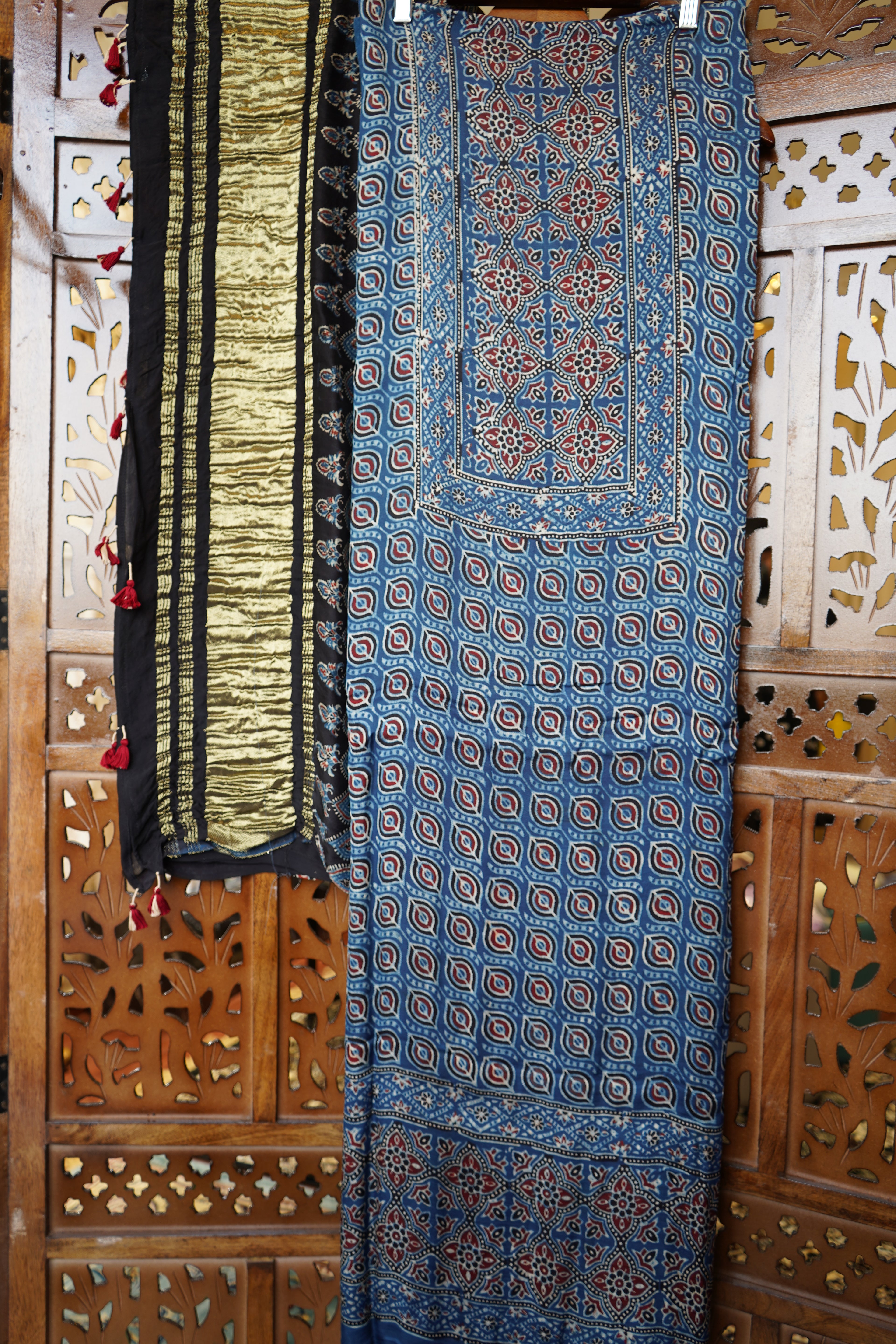 Ajrakh Natural Dye Modal Silk Ragri Pata Suit Piece – Unstitched