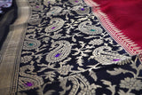 Premium red and black Banarasi pure mulberry silk saree with pure silver zari border pallu and blouse