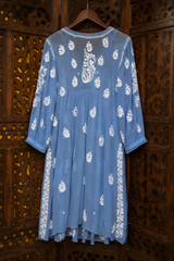 Chikankari Premium Blue Modal Satin Afghani Kurta Pant Set | White Embroidery Ethnic Co-ord