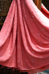 Premium Dark Peach Lucknowi Chikankari Pure Georgette Saree with Heavy Bead Work & Blouse