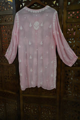 Chikankari Premium light pink crepe kurti pant set with white Ghas Patti floral embroidery