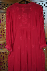 Chikankari- Premium Red Fine Mukaish Work Georgette Afghani Kurta Pant Set
