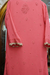 Chikankari Premium peach georgette  Mukaish long kurti gharara set with dupatta