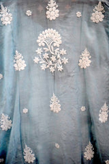 Ice Blue Handcrafted Lucknowi Ghas Patti Chikankari Kurta Palazzo Set with Phanda & Murri Work