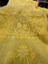 Handcrafted Lucknowi Chikankari Bead Work Yellow Mul Chanderi Unstitched A-Line Kurti with Dupatta for Women