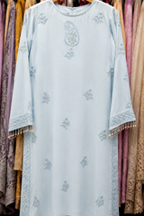 Lucknowi Party Wear-Premium Ice Blue Ombre Cutdana Chikankari Georgette Suit Set with Palazzo & Dupatta
