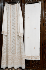 Handcrafted Lucknowi Chikankari Mirror Work & Gota Patti White Georgette Semi-Stitched Anarkali Suit Set for Women