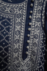 Premium Ink Blue Chikankari Modal Satin Fine Jaal Achkan Set | Kurta Pant Set for Women