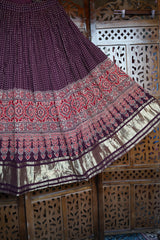 Premium Burgundy Lustrous Lagdi Patta Ajrakh Chaniya Choli – Navratri & Garba Chaniya Choli Set