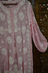 Chikankari Premium light pink crepe kurti pant set with white Ghas Patti floral embroidery