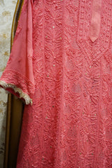 Chikankari Premium peach georgette  Mukaish long kurti gharara set with dupatta