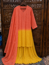 Chikankari Orange & Yellow Ombre Resham Jaal Georgette Kurti Sharara Set with Dupatta | Festive & Wedding Wear
