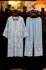Ice Blue Handcrafted Lucknowi Ghas Patti Chikankari Kurta Palazzo Set with Phanda & Murri Work