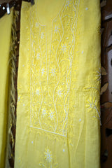 Handcrafted Lucknowi Chikankari Bead Work Yellow Mul Chanderi Unstitched A-Line Kurti with Dupatta for Women