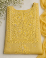Handcrafted Lucknowi Chikankari Bead Work Yellow Mul Chanderi Unstitched A-Line Kurti with Dupatta for Women
