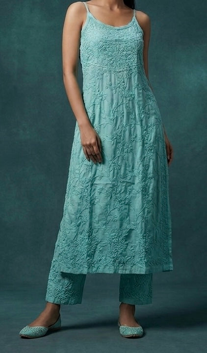 Blue Muslin 3D Ghas Patti Chikankari Strap Kurti Pant Set