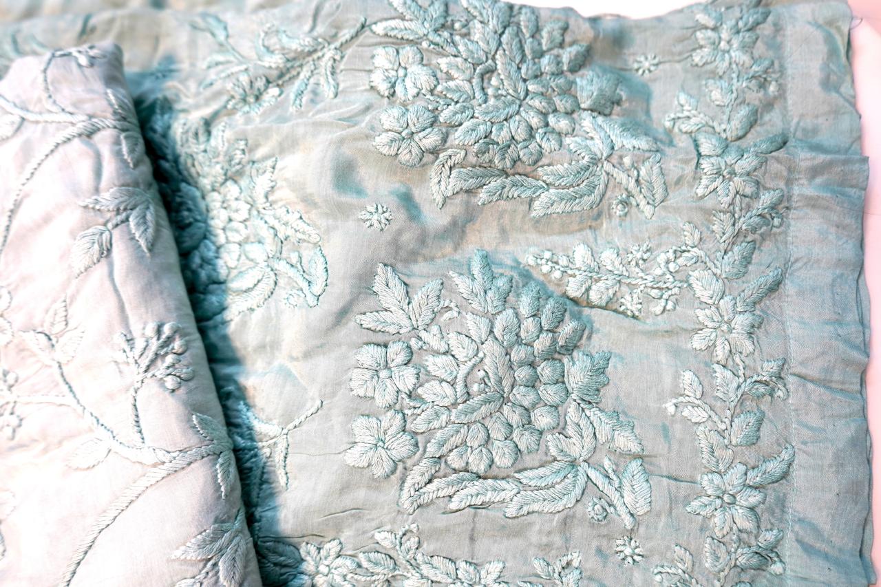 Blue Muslin 3D Ghas Patti Chikankari Strap Kurti Pant Set