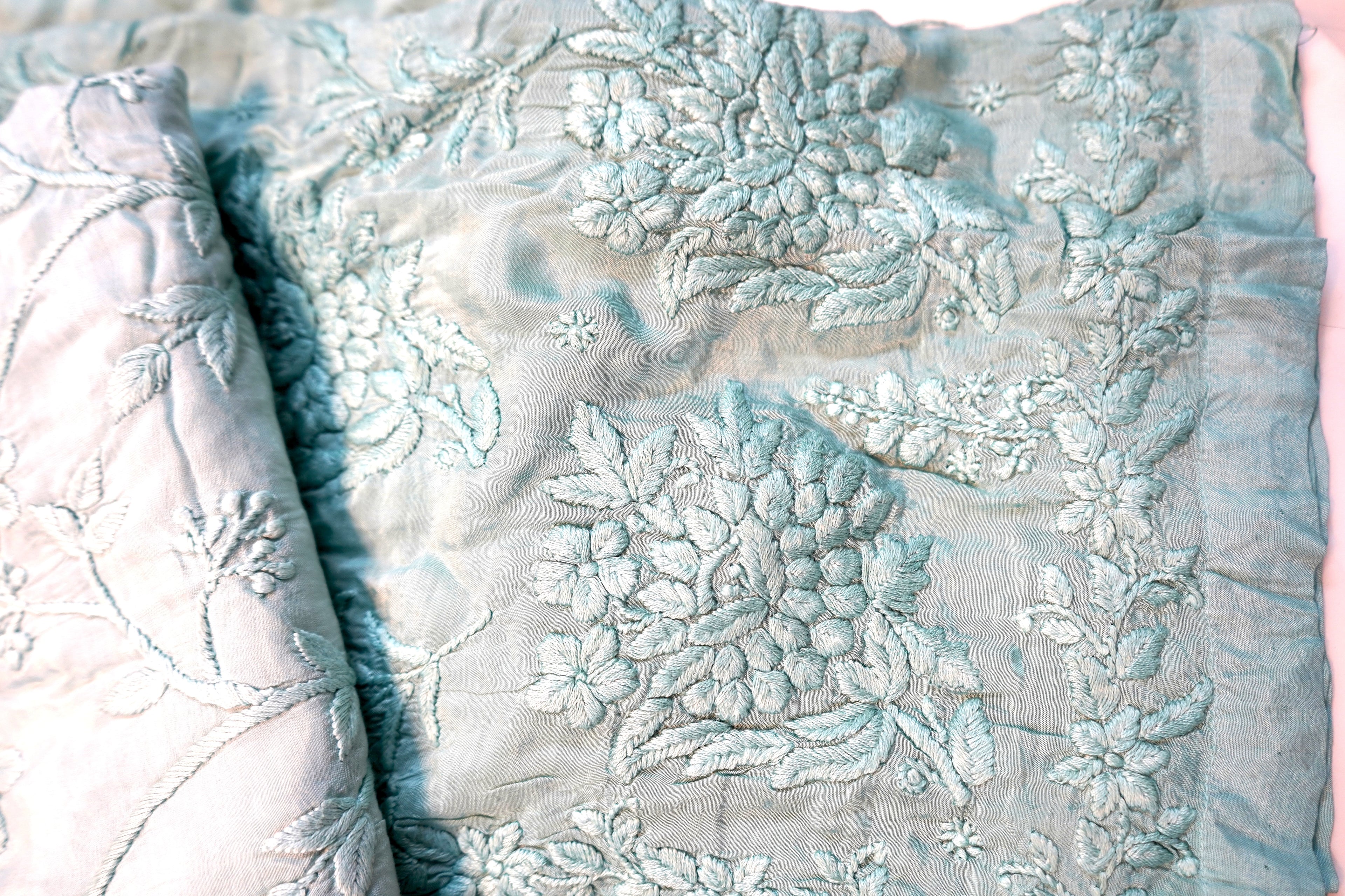 Blue Muslin 3D Ghas Patti Chikankari Strap Kurti Pant Set