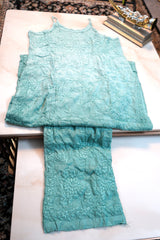 Blue Muslin 3D Ghas Patti Chikankari Strap Kurti Pant Set