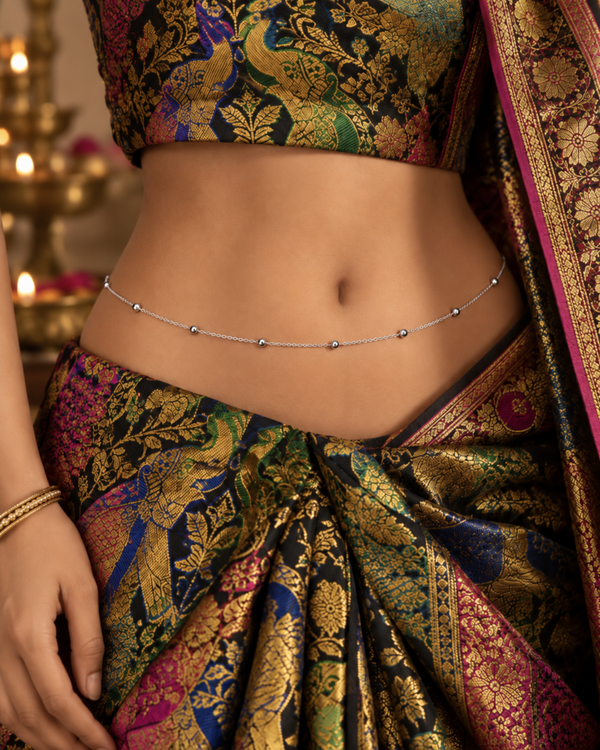 Silver-Tone Beaded Minimal Waist / Belly Chain | Delicate Kamarbandh