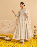 Pure Mul Chanderi Chikankari Kurta Set with Cutdana Work, Sharara & Dupatta